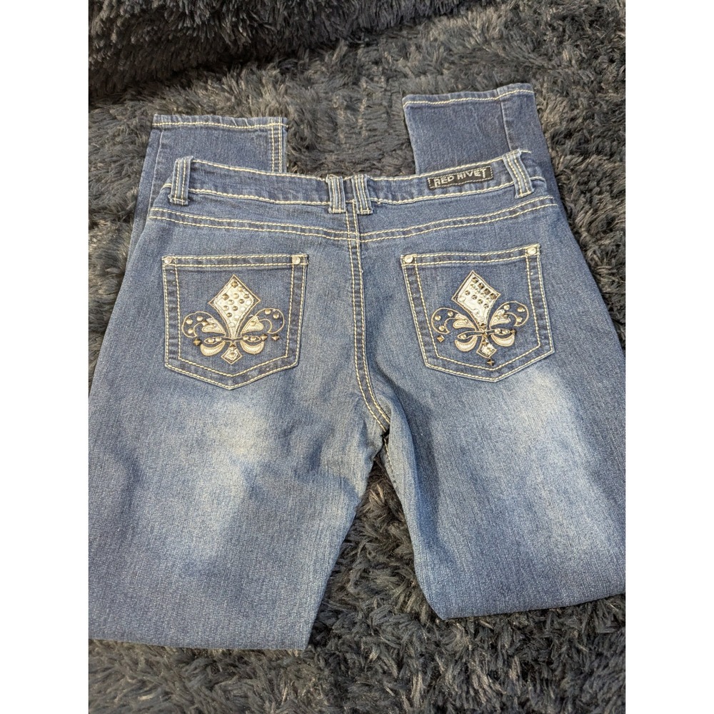 Red Rivet Juniors size 17 Skinny Jeans Blue Fleur De Lis Studded‎ Rhinestone 420